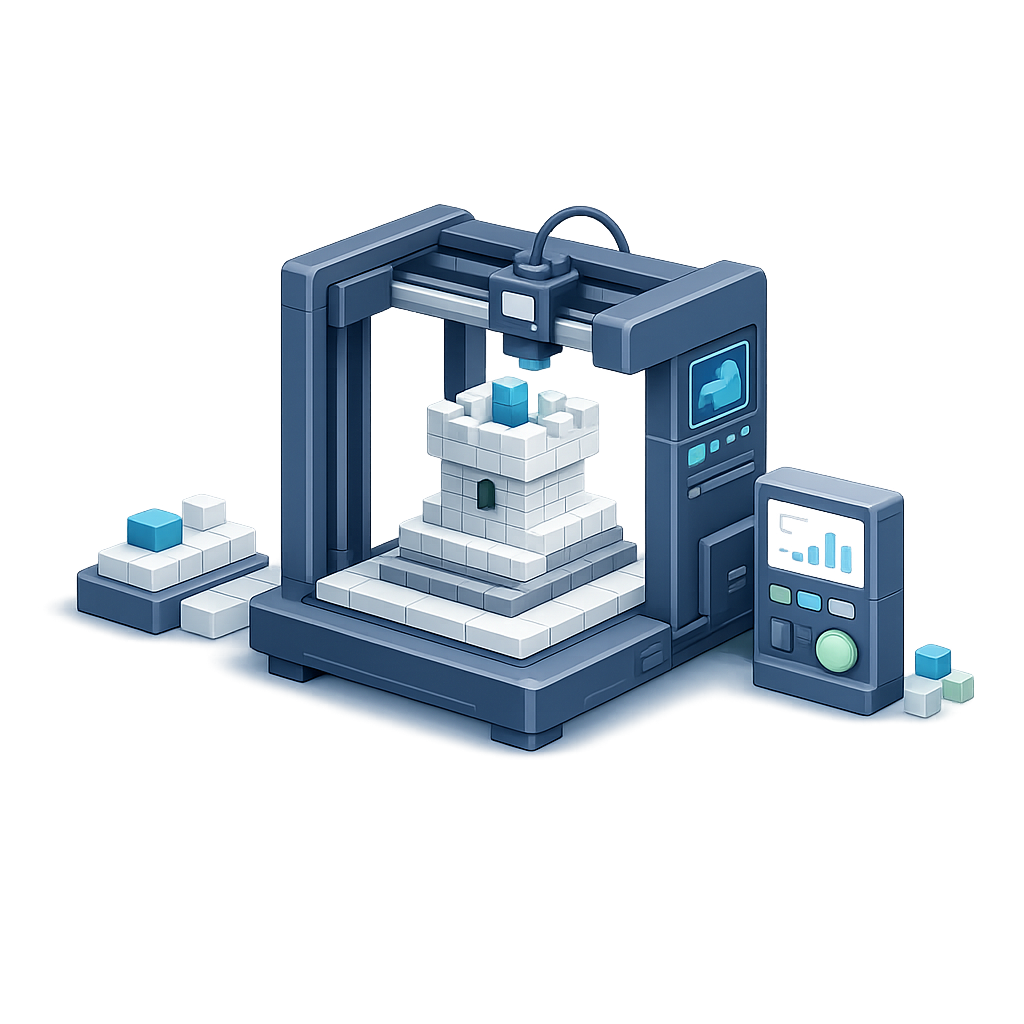 Isometric illustration of a 3D printer and digital controls