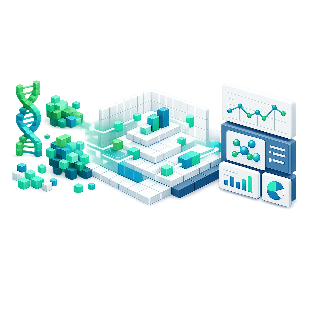 Isometric illustration of DNA and biological data visualization