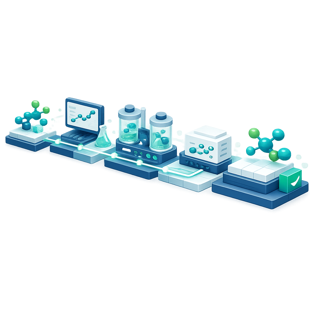Isometric illustration of laboratory and pharmaceutical workflows