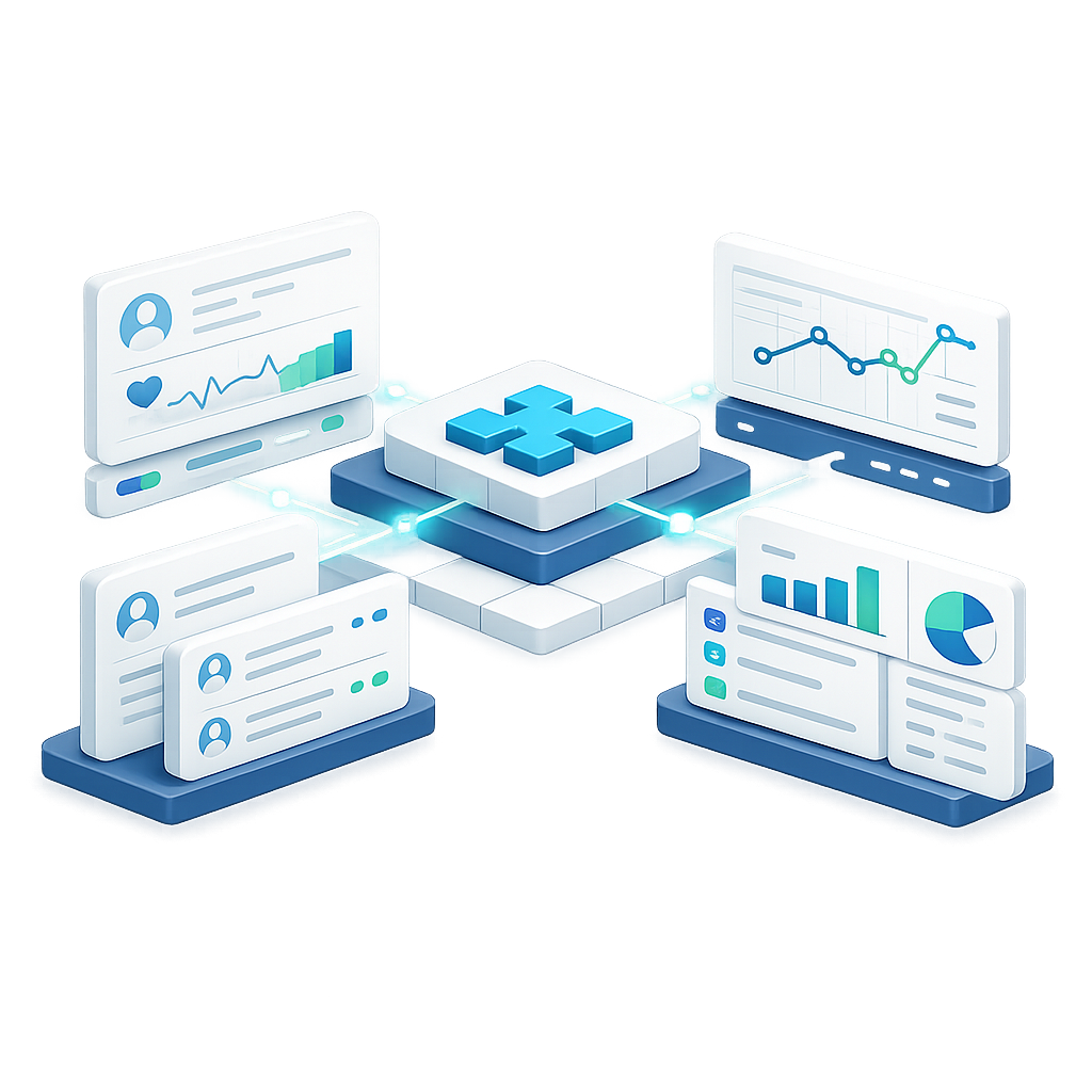 Isometric illustration of connected healthcare dashboards